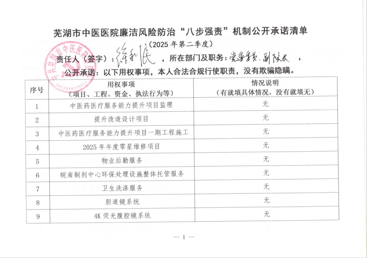 蕪湖市中醫(yī)醫(yī)院廉潔風(fēng)險(xiǎn)防治“八步強(qiáng)責(zé)”機(jī)制公開(kāi)承諾清單（分管負(fù)責(zé)同志）(圖1)